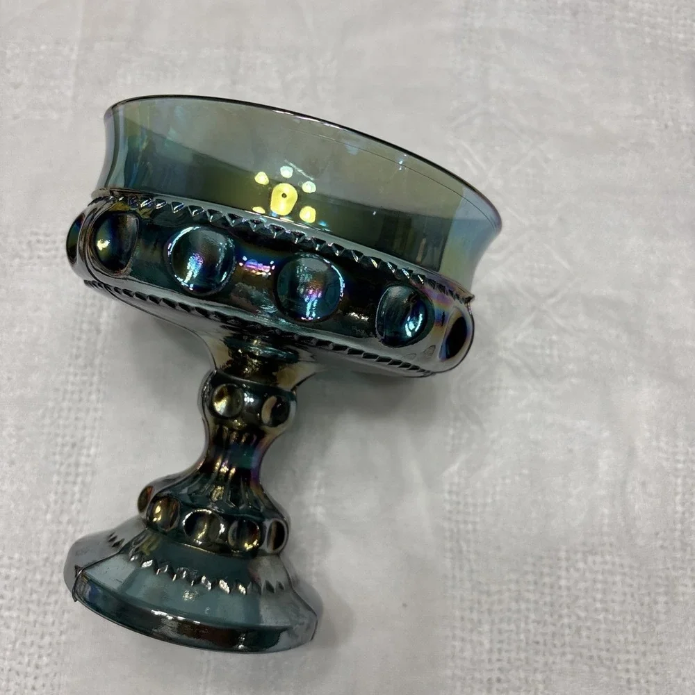Vintage Indiana Blue Iridescent Carnival‎ Glass Kings Crown Thumbprint Compote